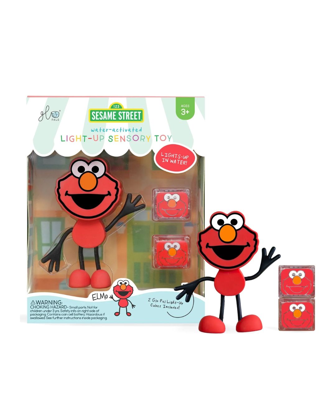 Glo Pals - postać do kąpieli Elmo z dwiema kostkami sensorycznymi świecącymi w wodzie