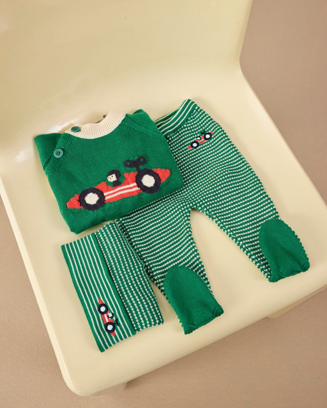 BOBO CHOSES - półśpiochy niemowlęce Knitted Footed Leggings Race Car