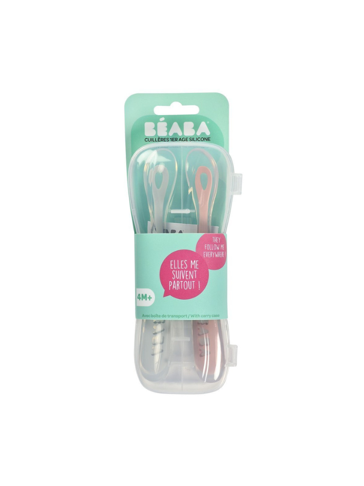 Beaba - zestaw 2 Łyżeczek silikonowych w podróżnym etui 4m+ (2 szt.) Old Pink
