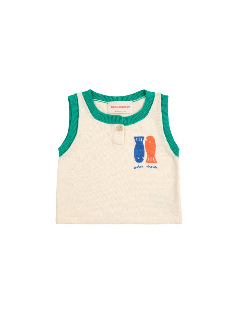 BOBO CHOSES - dzianinowy top T-shirt Lucky Fish w rybki off wihte złamana biel