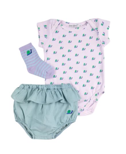 BOBO CHOSES - zestaw prezentowy niemowlęcy body, spodenki i skarpetki Funny Snail lavender 