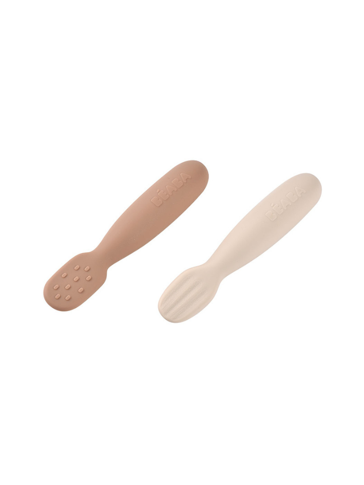 Beaba - zestaw 2 silikonowych pierwszych łyżeczek-gryzaków Praline/Clay