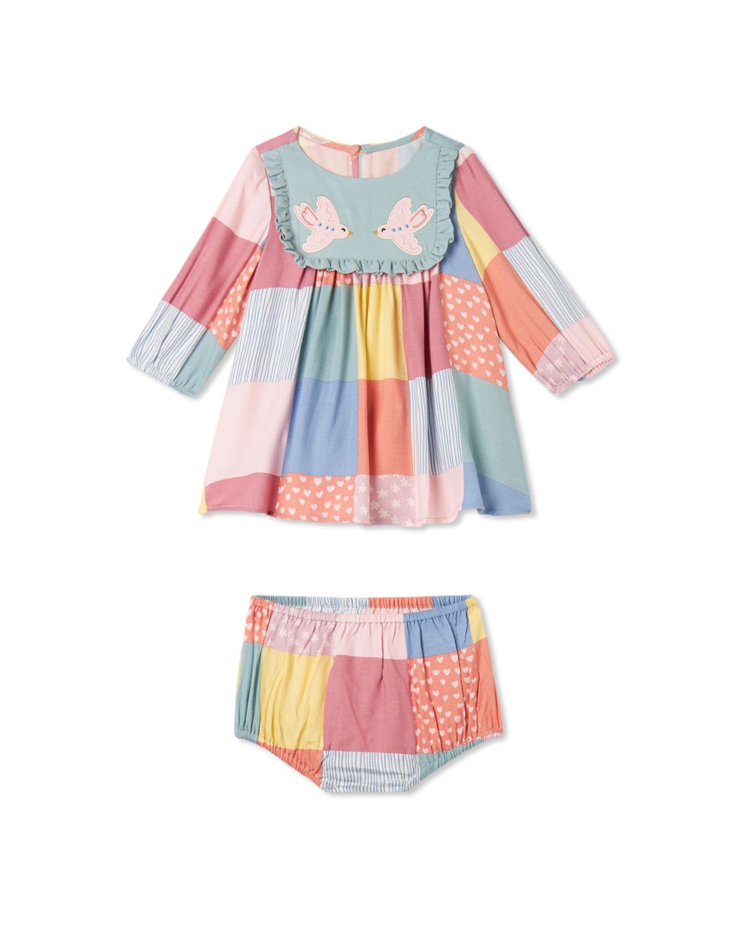 Stella McCartney - patchworkowa sukienka z ptaszkiem i falbankami Stella McCartney - patchworkowa sukienka z ptaszkiem i falbankami