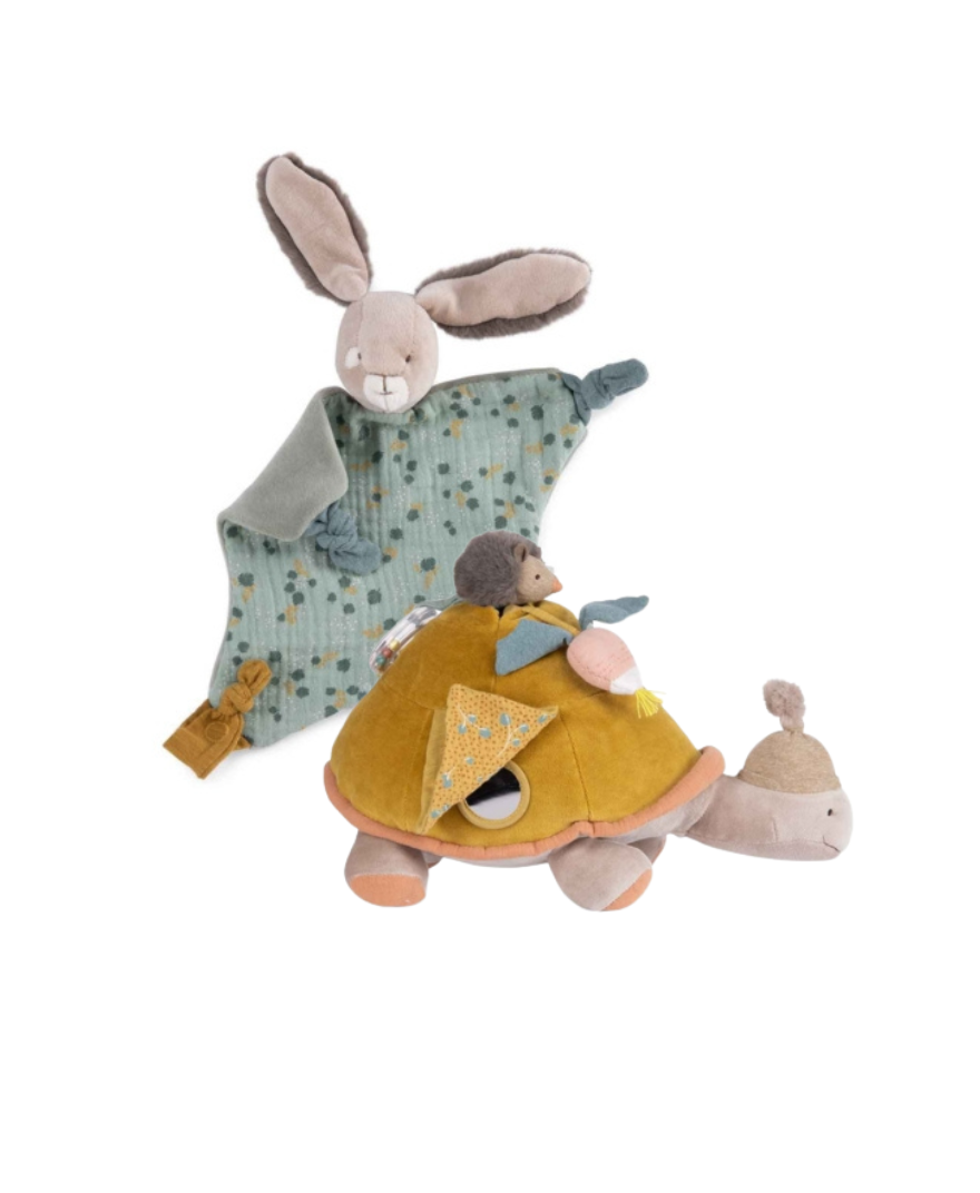 Moulin Roty – zestaw niemowlęcy: Króliczek i Żółwik