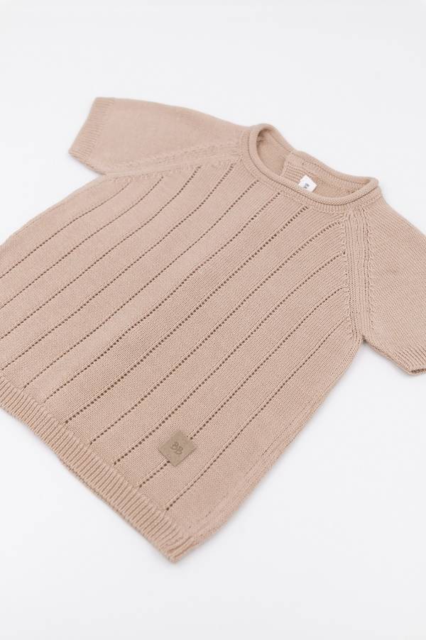 Bamboom - dzianinowa bluzka niemowlęca w paski z krótkim rękawem zapinana na plecach różowa Bamboom - dzianinowa bluzka niemowlęca w paski z krótkim rękawem zapinana na plecach różowa