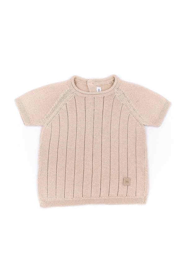 Bamboom - dzianinowa bluzka niemowlęca w paski z krótkim rękawem zapinana na plecach różowa Bamboom - dzianinowa bluzka niemowlęca w paski z krótkim rękawem zapinana na plecach różowa